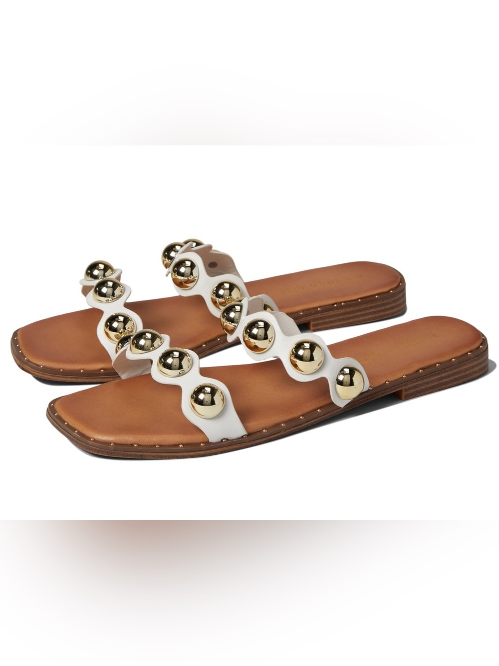 Madden Girl White Slide Sandals with Gold Stud Accents